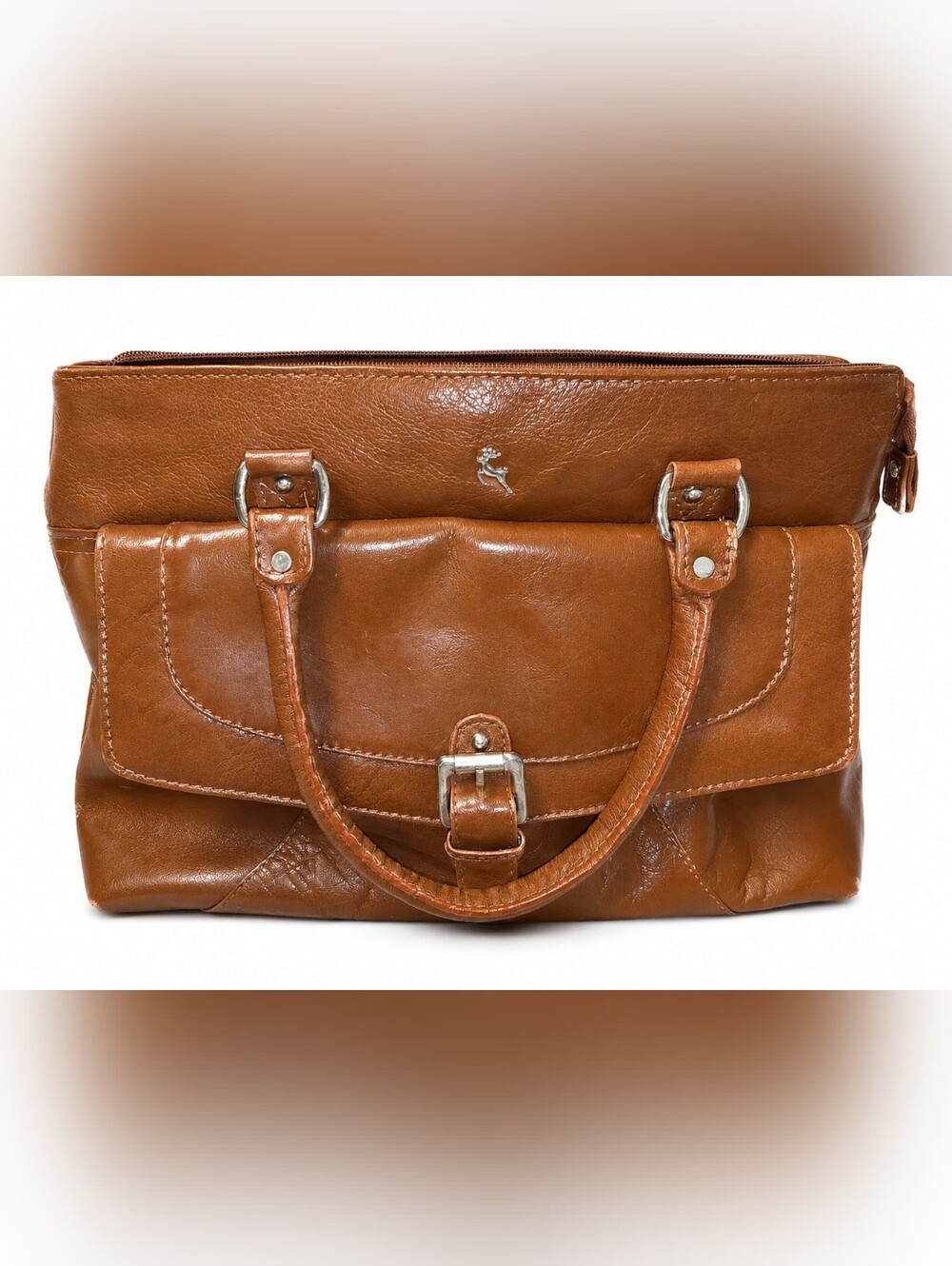 Luxurious Brown Leather Satchel with Deer Logo